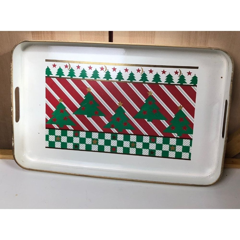 Vintage Otagiri Lacquerware Tray Christmas tree Stars rectangle handled large